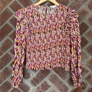 THML Floral Print Smocking Details Blouse Size Small Pink Yellow Ruffle Shoulder